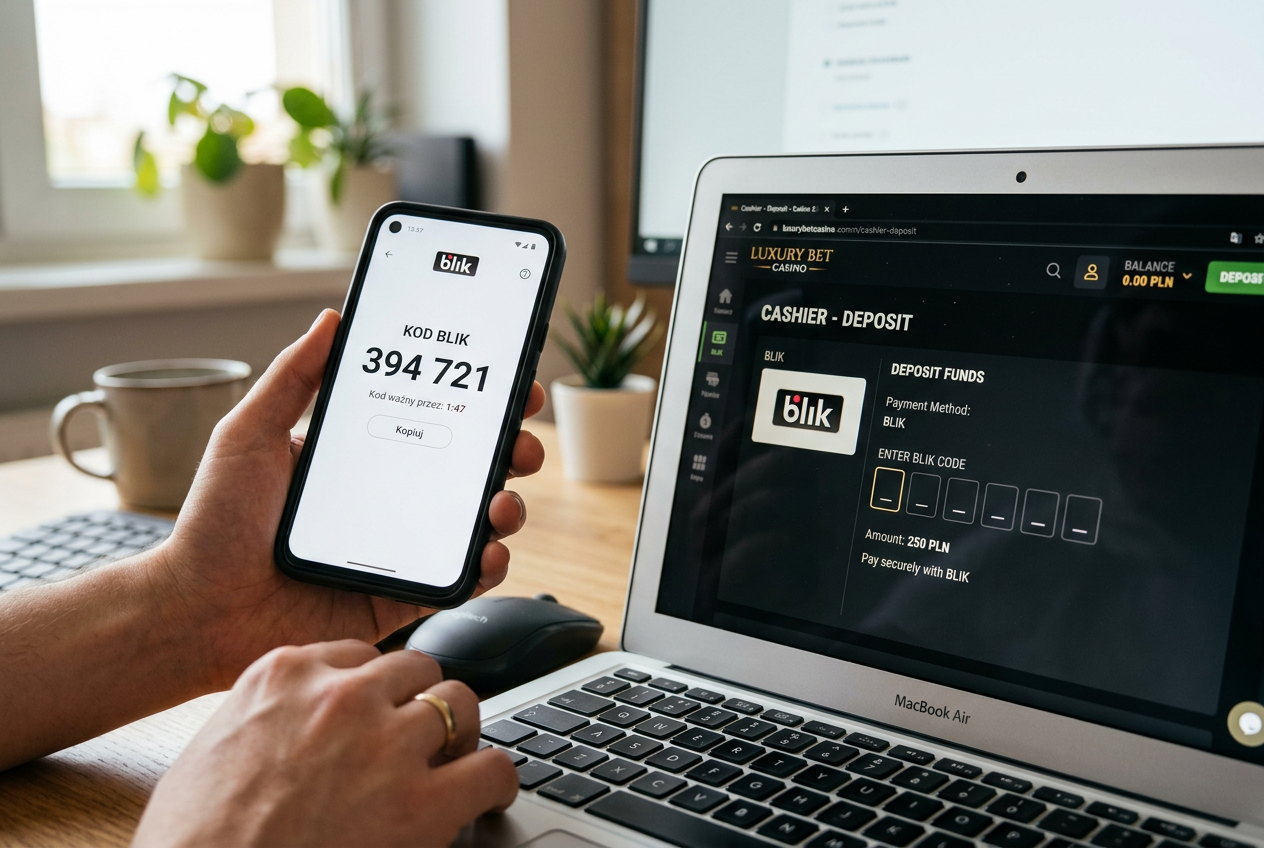 Smartfon wyświetlający 6-cyfrowy kod BLIK obok laptopa z otwartym kasynem