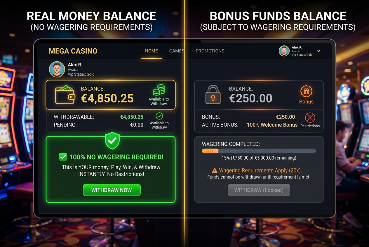 Porównanie salda gotówkowego bez obrotu i salda bonusowego z wymaganiami wager