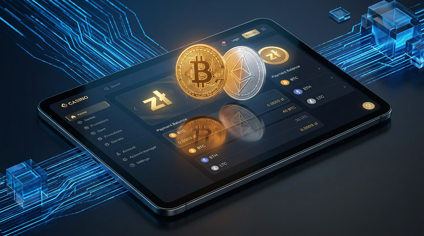 Nowoczesne krypto kasyno z symbolami Bitcoin i Ethereum w estetyce Web3.